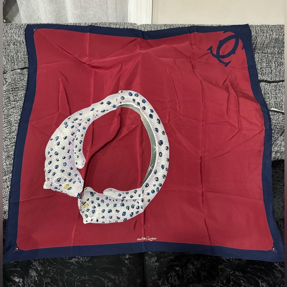Cartier Jaguar Red and Navy Hand Rolled Silk Scarf